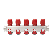 Rozsdamentes acél szelepes osztó 5 körös piros csapokkal 1"x 3/4" (EVP-DSD3411-5R)