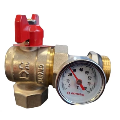 Golyóscsap pillangó karos KB 1" Hollandis, SCW617N sárgaréz, hőmérővel, Sarok (ER-CHT11)