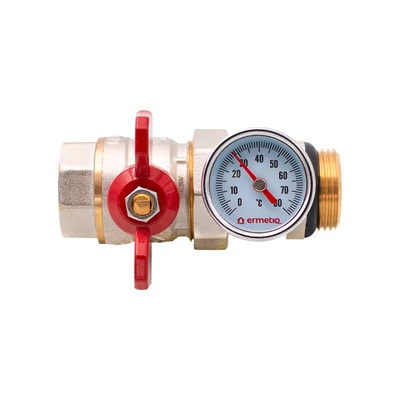 Golyóscsap pillangó karos KB 1" Hollandis, SCW617N sárgaréz, hőmérővel, Egyenes (ER-RHT11)