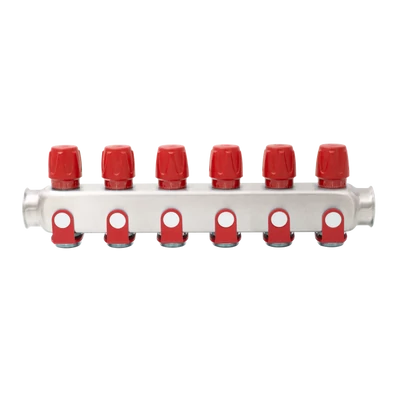 Rozsdamentes acél szelepes osztó 6 körös piros csapokkal 1&quot;x 3/4&quot; (EVP-DSD3411-6R)