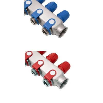 Rozsdamentes acél szelepes osztó kék és piros csapokkal 1"x 3/4"  2-4-5-6-7-8-9-10-11-12 körös