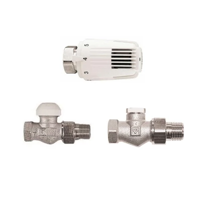 Radiátorszelep egyenes 1/2", előremenő, visszatérő és termofej  (HERZE12)