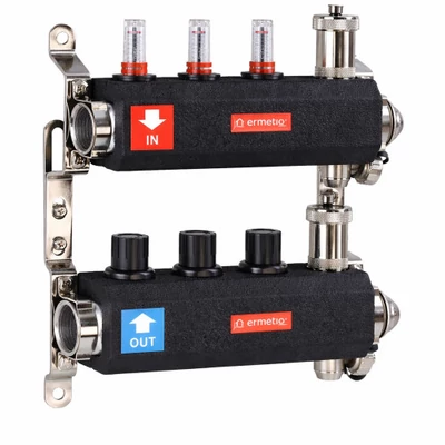 Padlófűtés áramlásmérős osztó-gyűjtő   3-4-5-6-7-8-9-10-11-12 körös, osztóvéggel automata légtelenítővel, SZIGETELÉSSEL (EVP-DSF3411A)