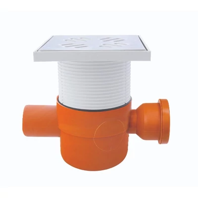 Padlószifon, tokozott, gumigyűrűs, II. ágú, 80 mm, Lapos, golyós bűzzárral + magasító, rozsdamentes ráccsal, 150 x 150 mm (STY-1005)