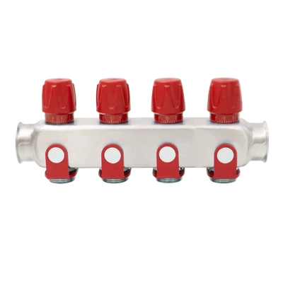 Rozsdamentes acél szelepes osztó  4 körös piros csapokkal 1"x 3/4" (EVP-DSD3411-4R)