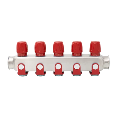 Rozsdamentes acél szelepes osztó  5 körös piros csapokkal 1"x 3/4" (EVP-DSD3411-5R)