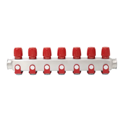 Rozsdamentes acél szelepes osztó  7 körös piros csapokkal 1"x 3/4" (EVP-DSD3411-7R)
