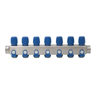 Rozsdamentes acél szelepes osztó  7 körös kék csapokkal 1"x 3/4" (EVP-DSD3411-7A)