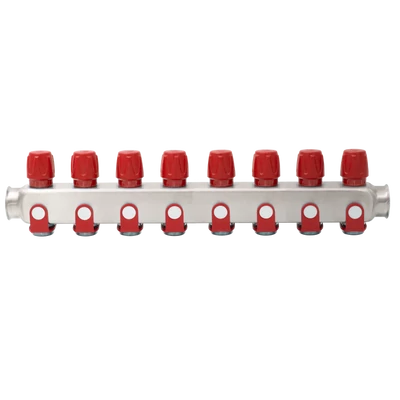 Rozsdamentes acél szelepes osztó  8 körös piros csapokkal 1"x 3/4" (EVP-DSD3411-8R)