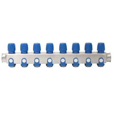 Rozsdamentes acél szelepes osztó  8 körös kék csapokkal 1"x 3/4" (EVP-DSD3411-8A)