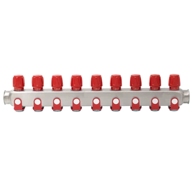 Rozsdamentes acél szelepes osztó  9 körös piros csapokkal 1"x 3/4" (EVP-DSD3411-9R)