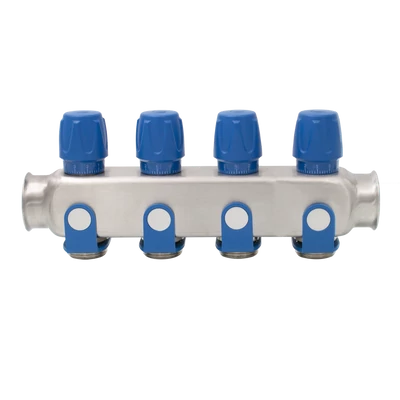 Rozsdamentes acél szelepes osztó  4 körös kék csapokkal 1"x 3/4" (EVP-DSD3411-4A)