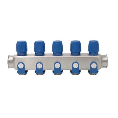 Rozsdamentes acél szelepes osztó  5 körös kék csapokkal 1"x 3/4" (EVP-DSD3411-5A)