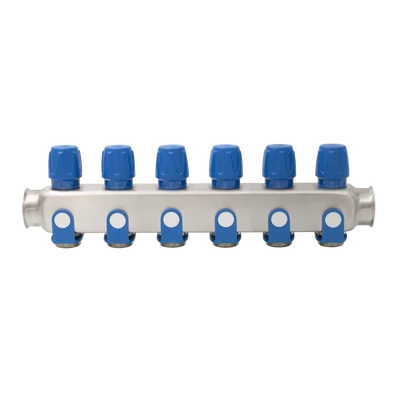 Rozsdamentes acél szelepes osztó  6 körös kék csapokkal 1"x 3/4" (EVP-DSD3411-6A)