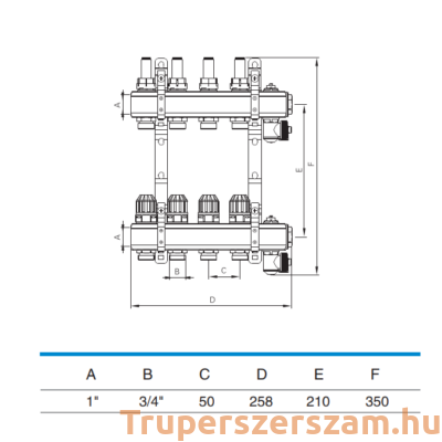 Padlófűtés áramlásmérős osztó-gyűjtő 6 körös, osztóvéggel (0330.504)