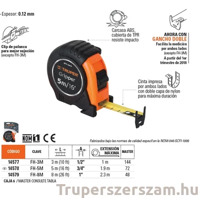 Kép 2/2 - Mérőszalag centi 3m Truper, (FH-3M)
