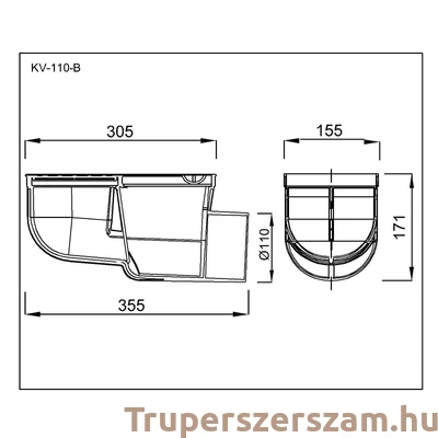 Kép 2/2 - Kültéri víznyelő, eresz bekötéssel, ráccsal, oldalsó kifolyás (KV-110-B)