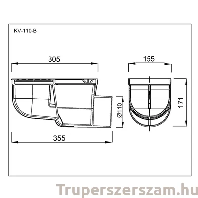 Kép 2/2 - Kültéri víznyelő, eresz bekötéssel, ráccsal, oldalsó kifolyás (KV-110-B)