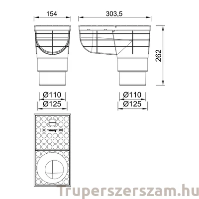 Kép 2/2 - Kültéri víznyelő, eresz bekötéssel, ráccsal, levélfogó kosárral Ø110/125 mm-es (KV-110-125)
