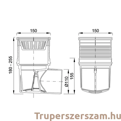 Kép 3/3 - Kültéri víznyelő, öntöttvas ráccsal, 110mm vízszintes elfolyás (KVB-110-Li)
