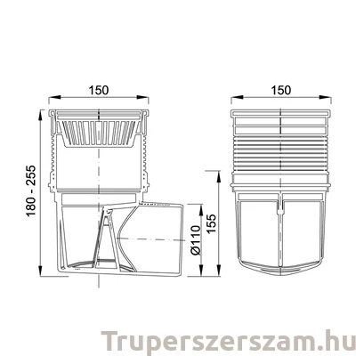 Kép 3/3 - Kültéri víznyelő, öntöttvas ráccsal, 110mm vízszintes elfolyás (KVB-110-Li)