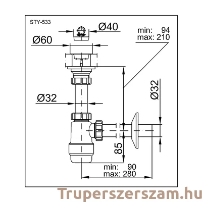 Kép 2/2 - Mosdószifon 5/4″ oldható leeresztőszeleppel, Ø32 mm-es elfolyással (STY-533)