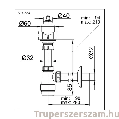 Kép 2/2 - Mosdószifon 5/4″ oldható leeresztőszeleppel, Ø32 mm-es elfolyással (STY-533)
