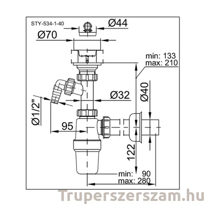 Kép 2/2 - Mosdószifon, nagy áteresztésű, leeresztőszeleppel, mosógép csatlakozóval, Ø40 mm-es elfolyással (STY-534-1-40)