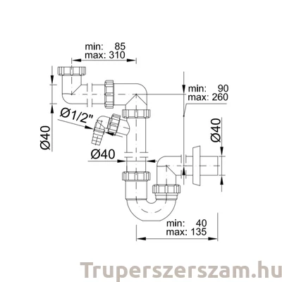 Kép 2/2 - Helytakarékos csőszifon, leeresztőszelep nélkül,  mosógép csatlakozóval 40 mm-es (STY-641)