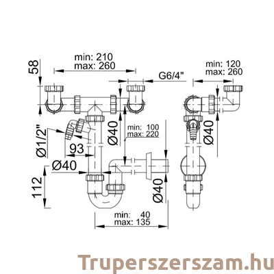 Kép 2/2 - Helytakarékos csőszifon 6/4", kétmedencés , mosógép csatlakozóval, 40 mm-es (STY-642)