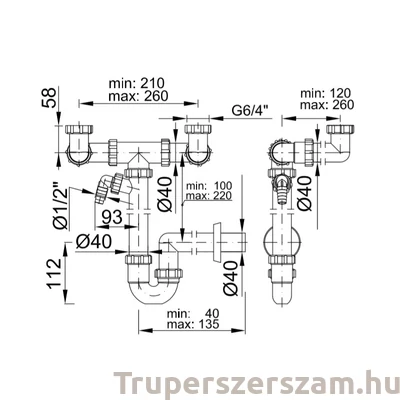 Kép 2/2 - Helytakarékos csőszifon 6/4", kétmedencés , mosógép csatlakozóval, 40 mm-es (STY-642)