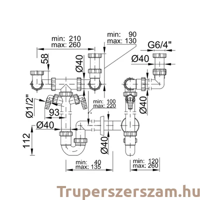 Kép 2/2 - Helytakarékos csőszifon 6/4", kétmedencés, gyümölcs mosós, 40 mm elfolyás mosó vagy mosogatógép csatlakozóval (STY-643-2-F)