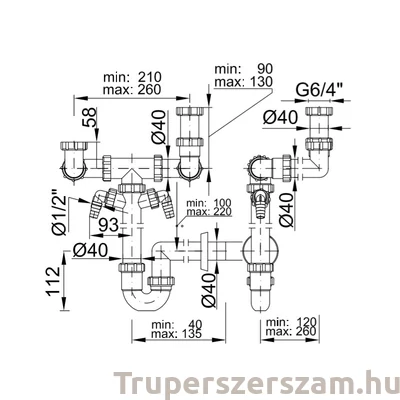 Kép 2/2 - Helytakarékos csőszifon 6/4", kétmedencés, gyümölcs mosós, 40 mm elfolyás mosó vagy mosogatógép csatlakozóval (STY-643-2-F)