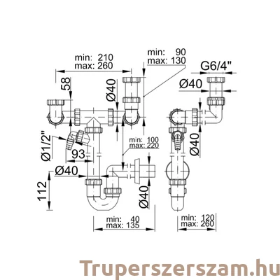 Kép 2/2 - Helytakarékos csőszifon 6/4", kétmedencés, gyümölcs mosós, 40 mm elfolyás, mosogatógép csatlakozóval (STY-643)