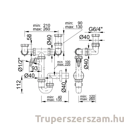 Kép 2/2 - Helytakarékos csőszifon 6/4", kétmedencés, gyümölcs mosós, 40 mm elfolyás, mosogatógép csatlakozóval (STY-643)