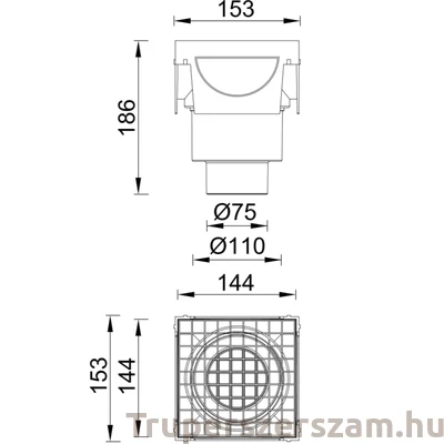 Kép 2/2 - Kültéri folyókához T-idom, fém ráccsal, alsó elfolyással, levélfogóval (STY-900-T-F-A)
