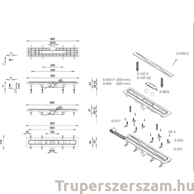 Kép 2/2 - Zuhanyfolyóka egyenes, 600 mm-es CHAIN rozsdamentes keskeny fedráccsal (STY-CH-60)