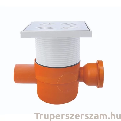 Kép 1/2 - Padlószifon, tokozott, gumigyűrűs, II. ágú, 80 mm, Lapos, golyós bűzzárral + magasító, rozsdamentes ráccsal, 150 x 150 mm (STY-1005)