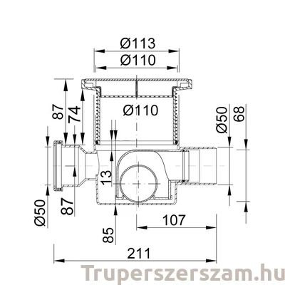 Kép 2/2 - Padlószifon, tokozott, gumigyűrűs, II. ágú, 80 mm, Lapos, golyós bűzzárral + magasító, rozsdamentes ráccsal, 150 x 150 mm (STY-1005)