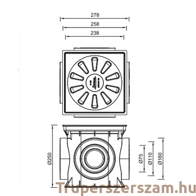 Kép 2/3 - Kültéri víznyelő öntöttvas ráccsal, 250x250 mm-es, bűzzárral (STY-925-1)