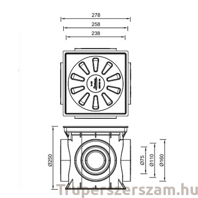 Kép 2/3 - Kültéri víznyelő öntöttvas ráccsal, 250x250 mm-es, bűzzárral (STY-925-1)