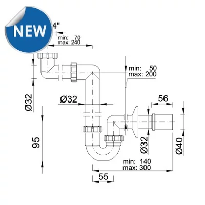 Kép 2/2 - Helytakarékos csőszifon, leeresztőszelep nélkül, Ø32-40 mm-es elfolyással, (STY-641-32-3)
