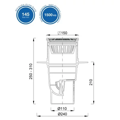 Kép 2/2 - Kültéri víznyelő öntöttvas ráccsal, Ø110 mm-es függőleges elfolyású (KVS-110-Li)