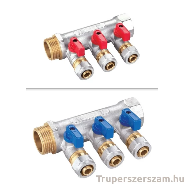 Elosztó 1x1/2 col 16 ötrétegű csőhöz KÉK és PIROS,  2-3-4-5 bemenet