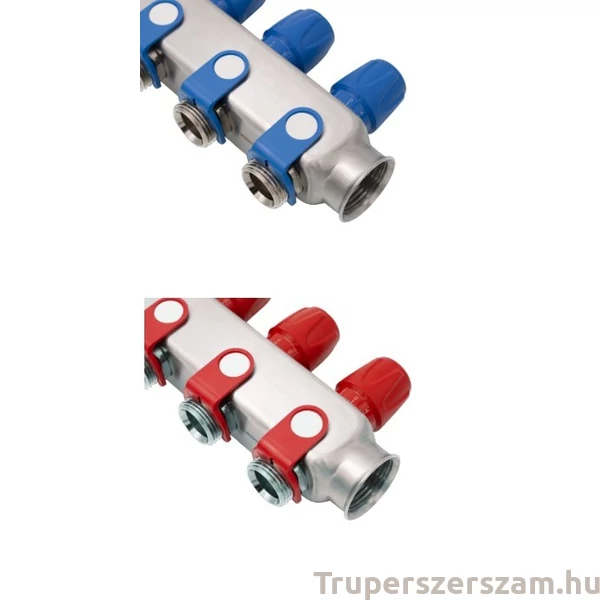 Rozsdamentes acél szelepes osztó kék és piros csapokkal 1"x 3/4"  2-4-5-6-7-8-9-10-11-12 körös