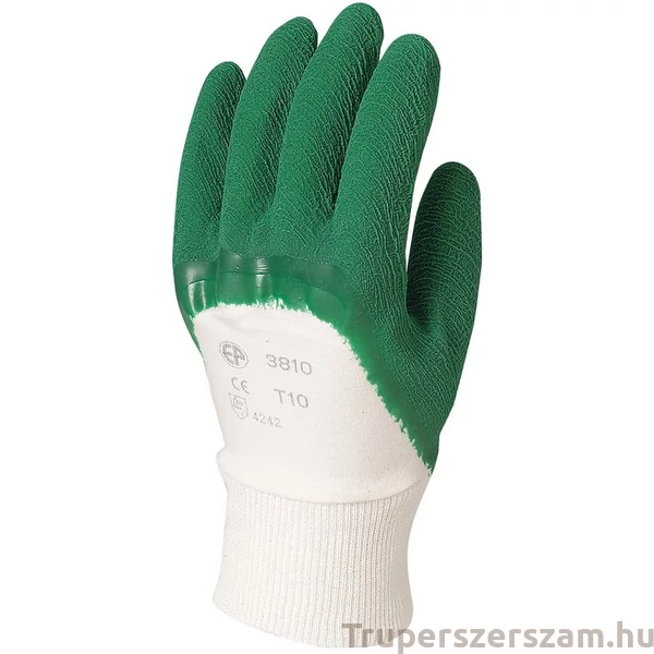 Pamutra, ökölcsontig mártott, zöld latex kesztyű méret:7-8-9-10