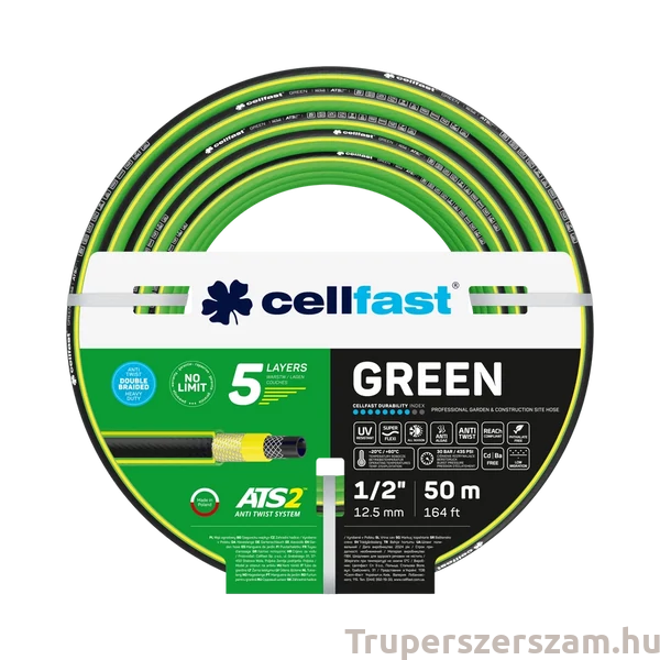 Locsolótömlő 5 rétegű GREEN 1/2" 50 m csavarodásmentes, ivóvízhez alkalmas belső (15-101)