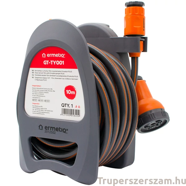 Tömlődob készlet 10 m-es 1/2" tömlővel és 8 üzemmódú szórófejjel PLUS (GT-TY001)