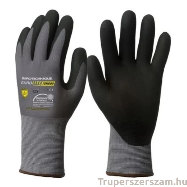 Kesztyű, tenyéren nitril mártott, erős szakítás- és kopásállóságú, EUROLITE 15N600 méret:6-11  (1NIHG)