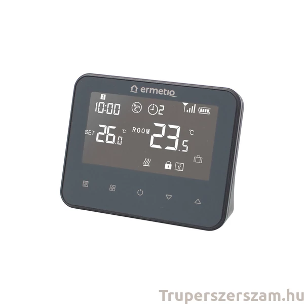 Termosztát, Programozható, vezeték nélküli, RF, 868 MHz, LCD kijelző, kompatibilis az átjáróval és a vezérlőegységgel Ermetiq TA-HR02,  (TA-WT20)